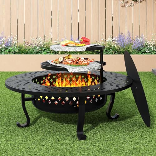 43 Inch Fire Pit with 2 Grill for Outside, Outdoor Wood Burning F...