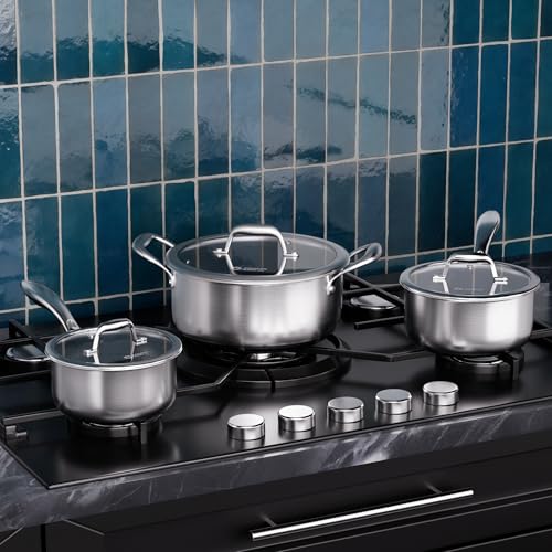 COOKER KING Hybrid Nonstick 6 Pcs Pot Set, 1.5 & 2QT Saucepan and 5-Quart Pots with Glass Lids, Induction Stainless Steel Cookware, Stay-Cool Handles, Dishwasher Safe, Compatible with All Cooktops - Image 5
