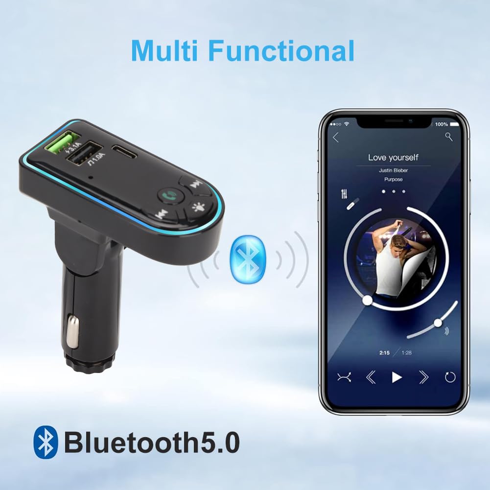 Car FM Transmitter,Car MP3 Player Transmitter,Bluetooth Car Adapter,Hands Stereo Dual USB Charging Bluetooth Car Adapter with Colorful Ambient Light