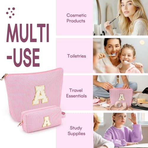 2 PCS Initial Makeup Bags for Women: Cosmetic Bag for Travel Toiletry - Birthday Gifts for 11 12 13 14 15 16 17 18 Years Old Girl Graduation Teacher Gift- Teen Girl Gifts Trendy Stuff - Pink A4