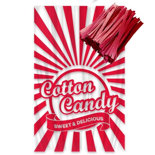 Image of Tafura Cotton Candy Bags with Ties (100 Count) - Clear Printed Cotton Candy Bags 11.5 x 18.5 Inches - Plastic Treat Bags for Cotton Candy, Parties, Carnivals & Events (Red)