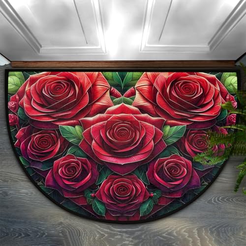Image of cfpolar Half Round Door Mat Flower Red Rose Non-Slip Semi Circle Area Rug Washable Half Moon Hearth Rugs for Indoor Outdoor Bathroom Kitchen Patio Runner Mat Laundry Room Home Decoration