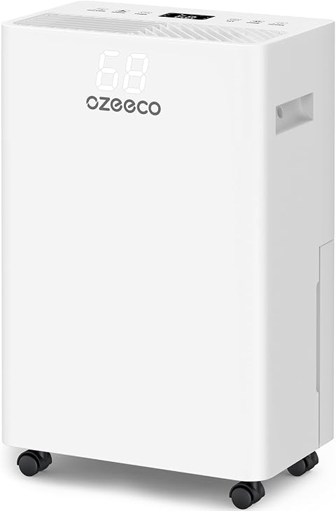 Dehumidifier for Basement up to 2500 Sq.Ft, ozeeco Home Dehumidifier Max 34 Pint/Day, with 0.45 Gal Water Tank, Drain Hose, Ionizer, Ultra Quiet, Child Lock, 24H Timer for Bedroom, Bathroom, RV