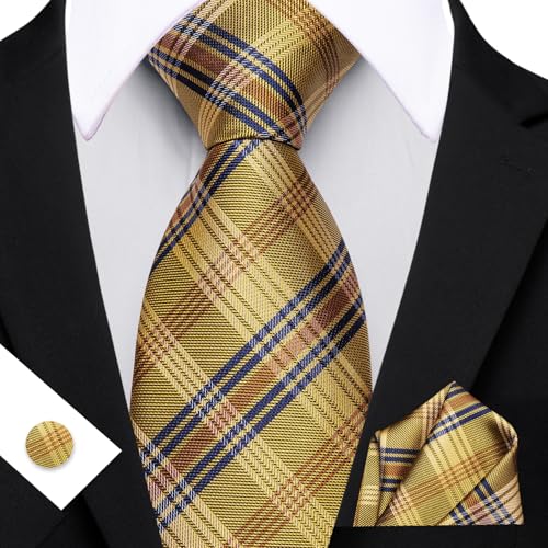 Image of Barry.Wang Plaid Ties Check Mens Necktie Set with Handkerchief Cufflinks Classic Stripe