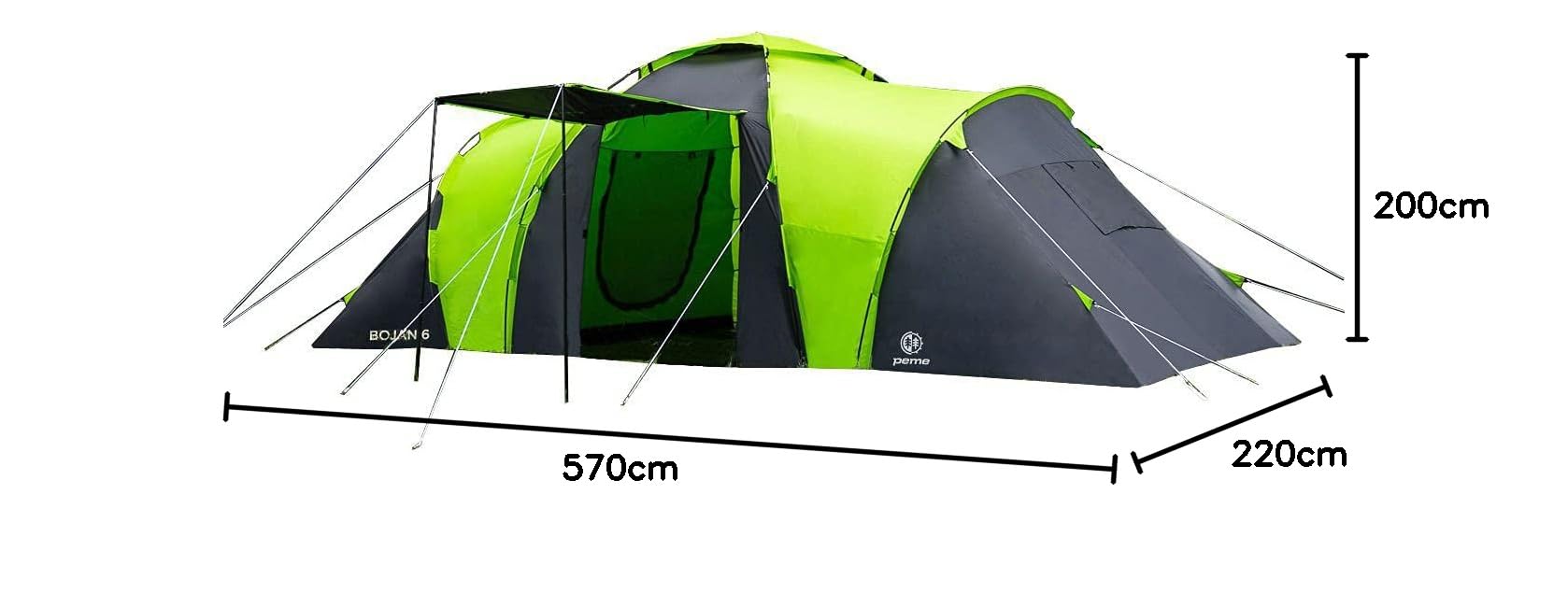 peme Tienda de Campaña Túnel Bojan 6, para 6 Personas, Impermeable 4000mm, Carpa Familiar para Actividades al Aire Libre como Trekking, Camping y Senderismo, con Vestíbulo y Toldo Solar, 2 Entradas