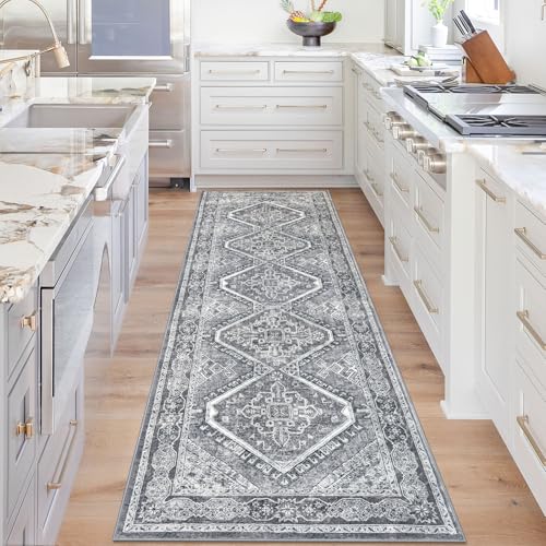 KUTA Oriental Washable Runner Rug, 2.6x8 Runners for Hallways Non-Slip Vintage Grey Kitchen Rugs Ultra Soft Printed Distressed Tribal 8ft Carpet for Stairway Bedroom
