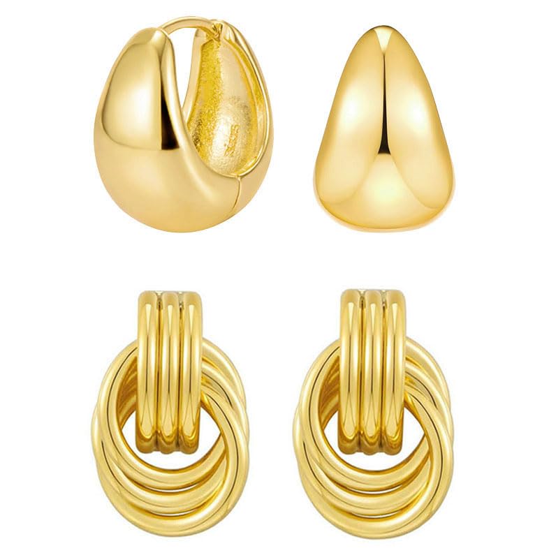 2 Pairs Gold Chunky Knot Earrings Huggie Hoop Earrings for Women Trendy Statement Earrings