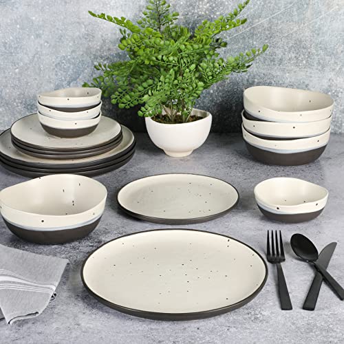 Image of Gibson Elite Rhinebeck 16-Piece Double Bowl Dinnerware Set, Service for 4 - White and Black Stoneware Plates and Bowls