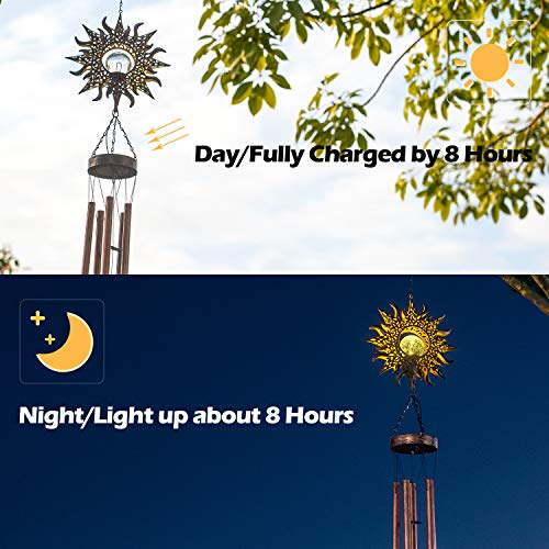 LeiDrail Solar Wind Chimes for Outside Sun Crackle Glass Ball Warm LED Garden Solar Light Waterproof Memorial Wind Chime Outdoor Sympathy Decor with Metal Tubes for Yard Porch Lawn