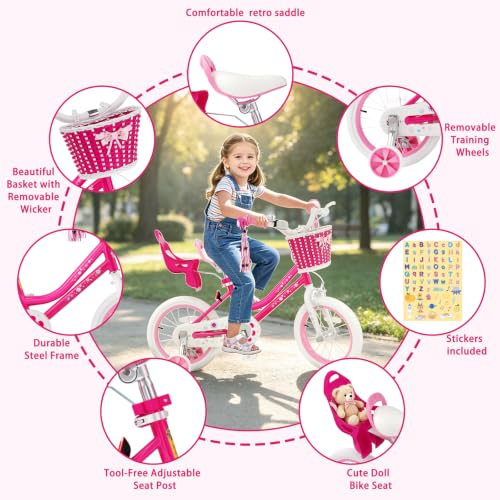 Image of Glaf Toddler Girls Bike for Age 2-12 Years Old | 12 14 16 20 Inch Kids Bike Girls Bicycle with Training Wheels,Basket,Doll Seat,Princess Style Kids Bicycle Gift