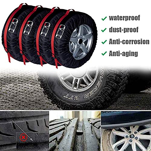 Image of Set of 4 Spare Tire Cover Tote Upgraded 420D Version Portable Dustproof Wheel Storage Bag with Handle Easy Transportation for Trailer Truck Camper Auto Universal Fit 17in-30in (Red, S)