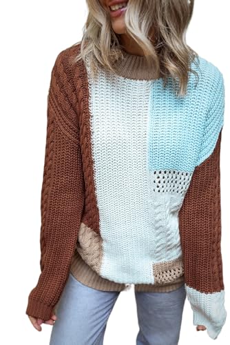 Women's Khaki Colorblock Patchwork Sweater - Textured Knit Design for Winter