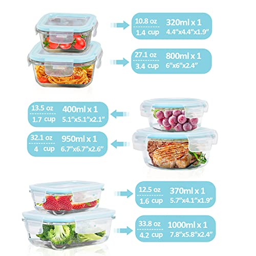 Rosos Glass Food Storage Containers With Lids Airtight 6 Pack, Glass Storage Containers With Lids For Food, Not Easy Broken & Leak Proof, Glass Containers With Lids For Oven/Dishwasher Safe, Blue #TOP1