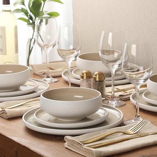 Image of Gibson Elite Pacifco Beach Plates and Bowls Sets, 12-Piece Stoneware Dinnerware Sets, Reactive Glaze Dish Set - Taupe