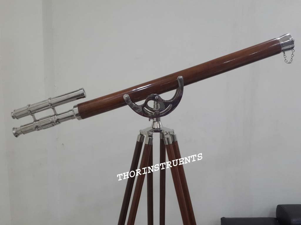 Vintage Marine Navy Brass Telescope Double Barrel Brown Wooden Tripod Stand Gift Rustic Vintage Home Decor Gifts