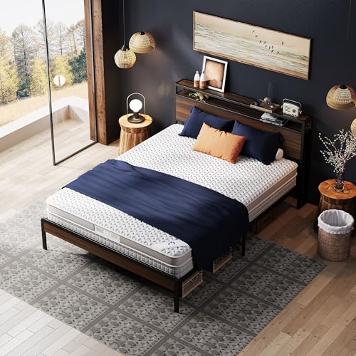 Image of LIKIMIO Queen Bed Frame with Headboard, Dark Wood Camas Queen with Strong Supports, Sturdy, Noise-Free, No Box Spring Needed, Dark Walnut