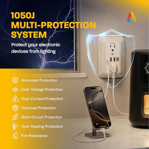 Image of Multi Plug Wall Outlet Extender - 6 Outlet Splitter & 4 USB Ports with Fast Charging Type C PD 20W, Smart Night Light, 3 Side Power Strip 1050J Protector