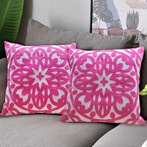 Alysheer Embroidered Decorative Throw Pillow Covers 18"X18" Set Of 2 Pieces, Cozy Chic Boho Mandala Knit Pattern, Durable 100% Cotton Canvas Cushion Cases For Sofa Couch Living Room(Vivid Hot Pink) #TOP5