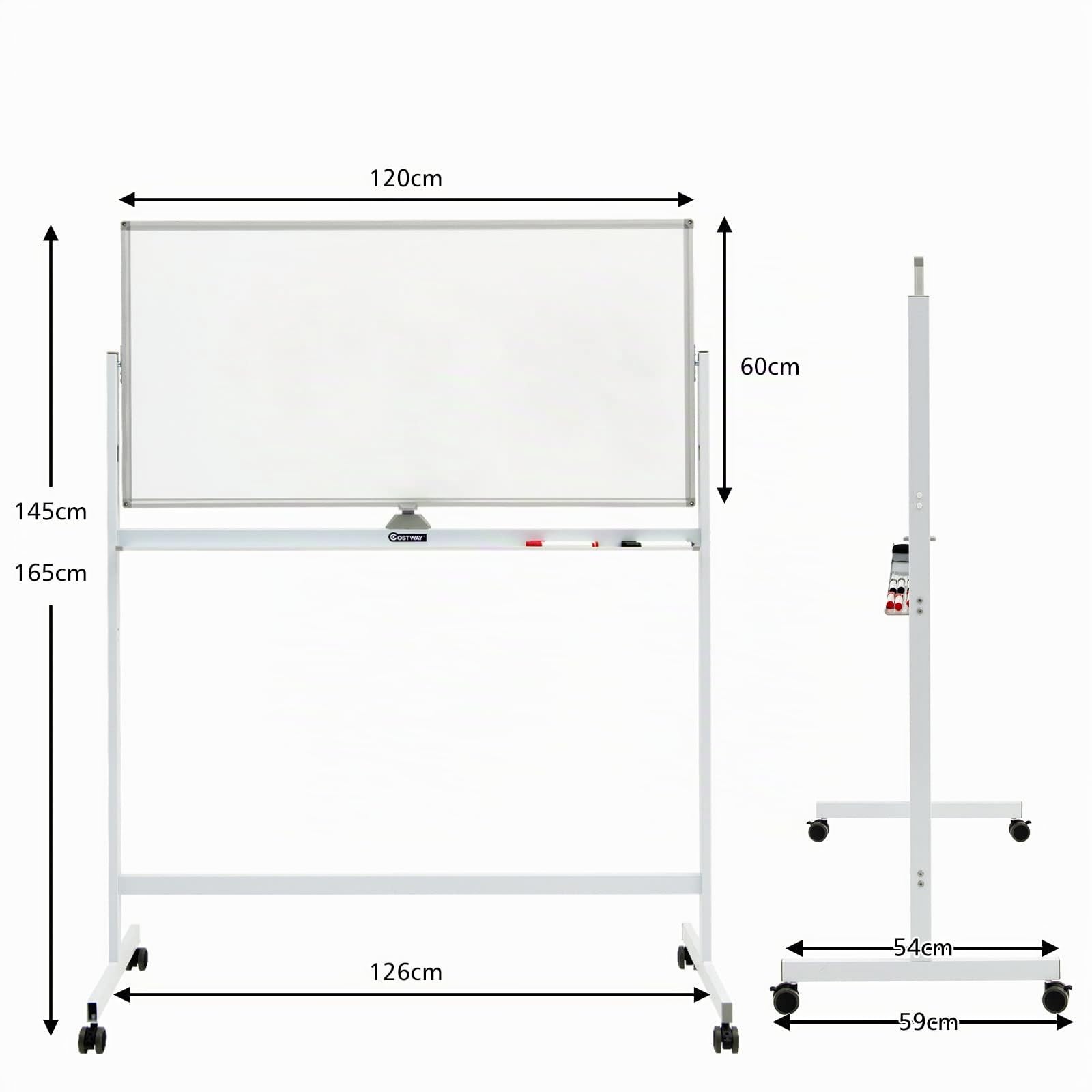GYMAX Lavagna Magnetica Bifacciale con Ruote, Lavagna in Stile Cavalletto Regolabile in Altezza, Lavagna Magnetica a Rotolamento Reversibile per Ufficio, Aula, Casa, 120 x 60 cm (Bianco)