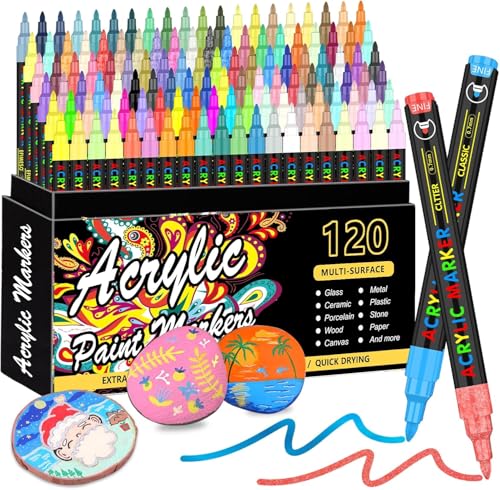 Gunsamg Acrylic Paint Pens 120 Colours Fine Tip Acrylic Markers 0.7mm Precision Tip Metallic Neon Glitter Shades Multi-Surface Craft Markers for Rock Painting Canvas Ceramic Wood Glass DIY Art
