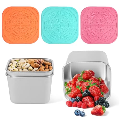 lomdung 3 Piezas Recipientes de Acero Inoxidable para Salsas, 180ML Recipientes para Salsa con Tapa de Silicona, Caja de Aperitivos Reutilizable, para Oficinas y Cocinas (Naranja, Rosa, Azul)