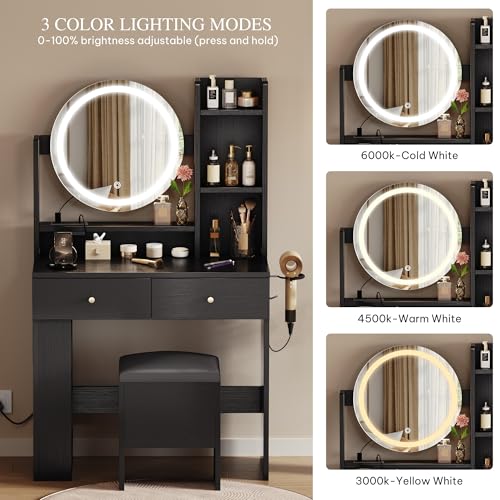 GOOBED Vanity Desk with Mirror and Light, Black Small Vanity Set with Charger Station, Makeup Table with Round Mirror and Adjustable 3 Lighting Modes for Bedroom, Makeup Dressing Desk Chair