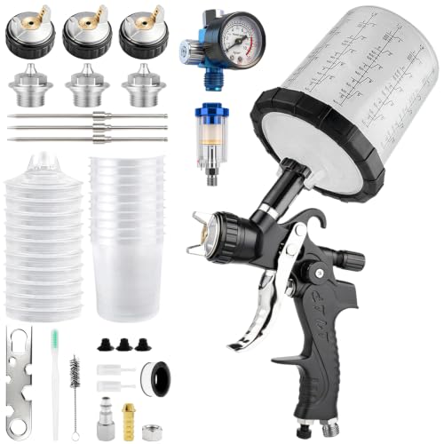 LVLP Air Spray Gun Kit with 650ml Mixing Cup &10x Disposable Cups 1.3/1.7/2.0mm Nozzles Automotive Paint Guns Sprayer for Painting Cars Furniture Fence Varnish & Top Coat