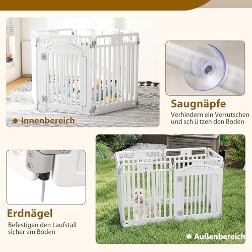 COSTWAY Welpenauslauf faltbar, Welpenlaufstall mit 6 Paneelen, abschließbarer Tür & Bodennägeln, 80 cm hoch, Hundelaufstall Outdoor Indoor, Laufstall Hund, Hundeauslauf aus Kunststoff, Weiß