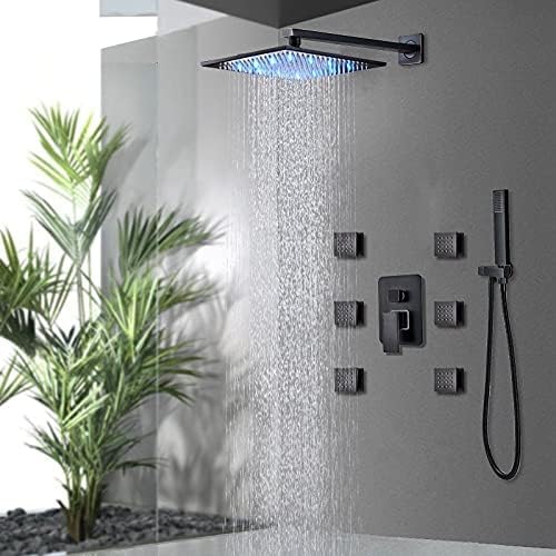 Moderno set di rubinetti per doccia neri con soffione doccia a pioggia, 6 getti massaggianti SPA a 3 vie, miscelatore caldo e freddo, 25,4 cm e 20,3 cm, sistema doccia per il massimo relax