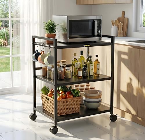 Image of Heavy Duty 3 Tier Microwave Oven Stand for Kitchen | Multi-Purpose Metal Rack with Wheels | Storage Organizer for Oven, OTG, Air Fryer, Printer, and Appliances (Black)