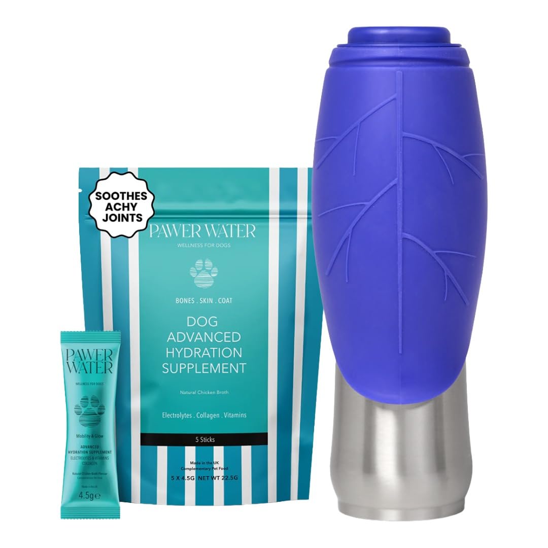 Dog Mate 800 ml Insulated Stainless Steel Pet Water Bottle & Travel Flask with Foldable Silicone Bowl and Pawer Water Pouch for Electrolytes & Hydration (Includes 5 Sachets)