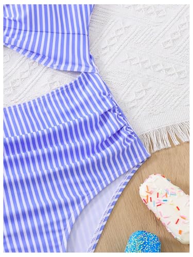 SweatyRocks Girl's Ruffle Cutout One Piece Swimsuit Striped High Waisted Twist Front Bathing Suits4