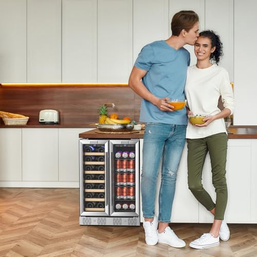 Image of Empava Dual Zone Wine Cooler and Beverage Refrigerator, Freestanding or Under Counter Fridge with Glass Door and LED Light, 78 Cans and 20 Bottles Capacity