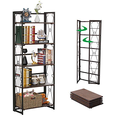 Vecelo Bookshelf, 5 Shelf Folding Bookcase No Assembly, Industrial Metal Freestanding Shelves Rack Organizer For Living Room, Bedroom, Kitchen, Office, Dark Brown #TOP6