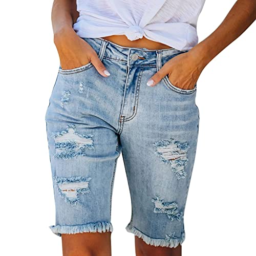 Kurze Jeanshose Damen, Stretch Curvy Zerrissen Damen-Shorts Hose Casual...