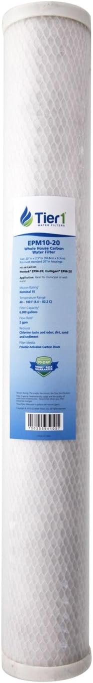 Tier1 10 Micron 20 x 2.5 Water Filter | Radial Flow Carbon Block Whole House Cartridge | Replacement for Pentek EPM-20, 155635-43, CB-25-2010 | 2.5 x 20 Water Filter