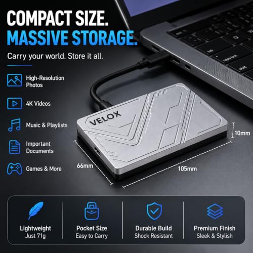 Image of MAYUMI Velox Portable SSD - External Solid State Drive | USB 3.2 Gen 1 Up to 5 Gbps | Type-C OTG Adapter | Plug & Play for Laptop, PC, Android, PS5 /PS4, Xbox, Smart TV (Silver) (256, GB, Velox)