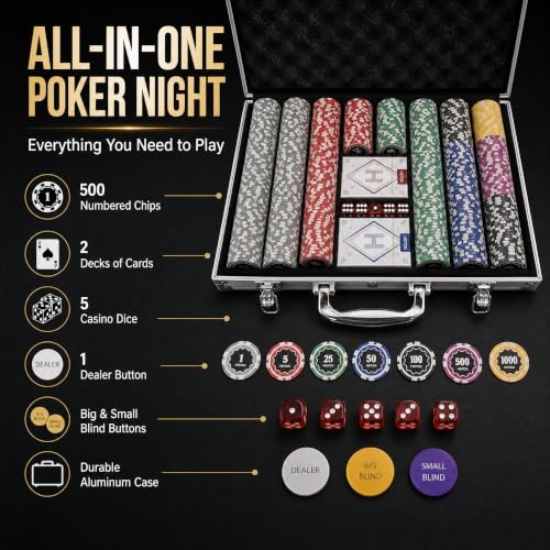 Image of HEITOK 500 Piece Poker Chip Set 11.5g Heavyweight Iron Core Composite Chips with Aluminum Case Playing Cards and Dealer Buttons for Texas Holdem Blackjack Casino Gaming | 11.5g weighted feel for Texas Holdem and Blackjack tables, built for quick rounds, longer sessions and at-home hosting