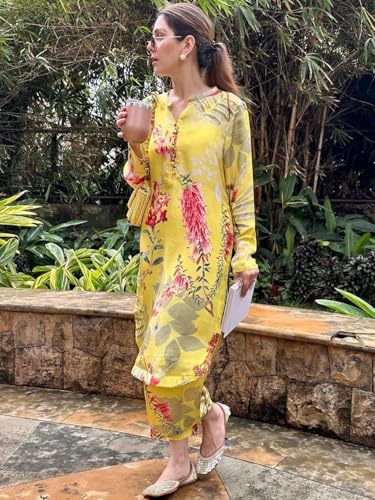 Image of GoSriKi Kurta Sets for Women Cotton Blend Printed | Kurti Set for Woman | Kurta Palazzo Set | Straight Kurti | Mandarin Collar Full Sleeve Suit Set for Women Stylish Ethnic Outfit Clothing