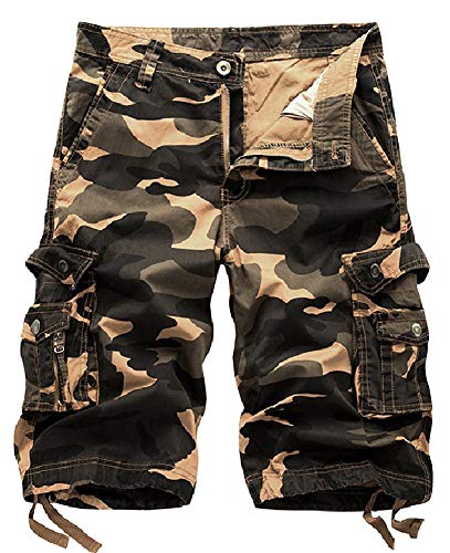 IDEALSANXUN Men's Casual Loose Fit Multi-Pockets Military Cargo Shorts (Camo Khaki, 44)