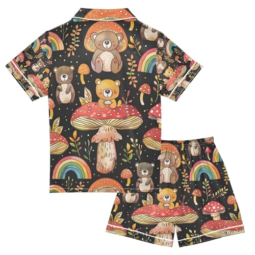 senya Mushroom Bear Rainbow Satin Summer Pajama Sets Silk Short Sleeve Button Down Sleepwear2