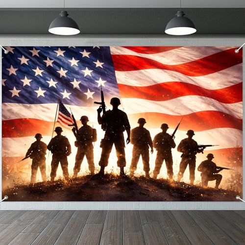 Image of IVN Patriotic Soldier Banner 71x43 Inch American Flag Military Troops 4th