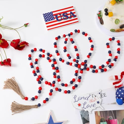 Image of Equsion Wooden Bead Garland with Tassels, Extra Long Fireplace Wood Bead Garlands Rustic Farmhouse Vintage Boho Beads Garland for Party Home Decor Tiered Tray Decorative Beads(Red, White, Blue)