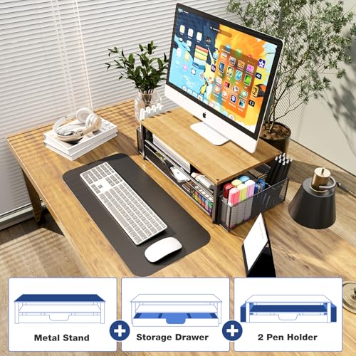 Image of OPNICE Desk Organizers and Accessories, Computer Monitor Stand Riser with Drawer and 2 Pen Holders, Printer & Laptop Stand, Office Desk Accessories & Workspace Organizers for Home Office Supplies, Oak