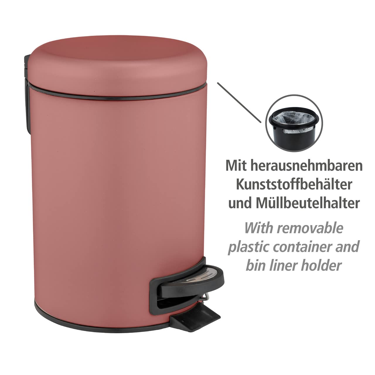 WENKO Leman pedal bin, 3 liters, with removable insert, made of painted steel, 17 x 25 x 22.5 cm, antique pink - Image 2