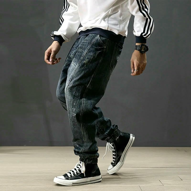 Street Mens Jeans Retro Blue Printed Big Pocket Casual Cargo Pants Hip Hop Joggers Men Ripped Trousers3
