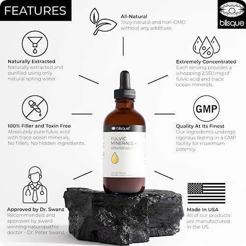 Blisque – Natural Trace Mineral Drops Supplement With Fulvic Acid And Humic Acid | For Detox, Cleanse, Immune Support, Brain Booster, Alkaline Hydration, And Energy | Contains Electrolytes | 4 Ounce #TOP2