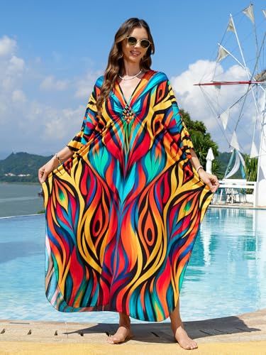 Image of IMAGEKOPE Women's Plus Size Animal Print V-Neck Batwing Kaftan Beach Dress Bathing Suit Cover-Up Loungewear