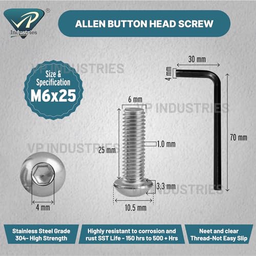 Image of Rely⇒VP INDUSTRIES (Pcs-25) M6 X 25 mm Button Head Cap Screw Stainless Steel Grade 304 | Allen Round Mushroom Head Screw with Allen Key 1 Pc