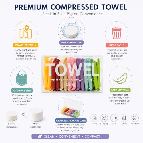 Image of Portable Compressed Towel Tissue Set (28 Pcs) | Disposable Coin Towels with Storage Case | Travel Face Towels for Camping Hiking Office Gym Salon Restaurant Outdoor & Emergency Use